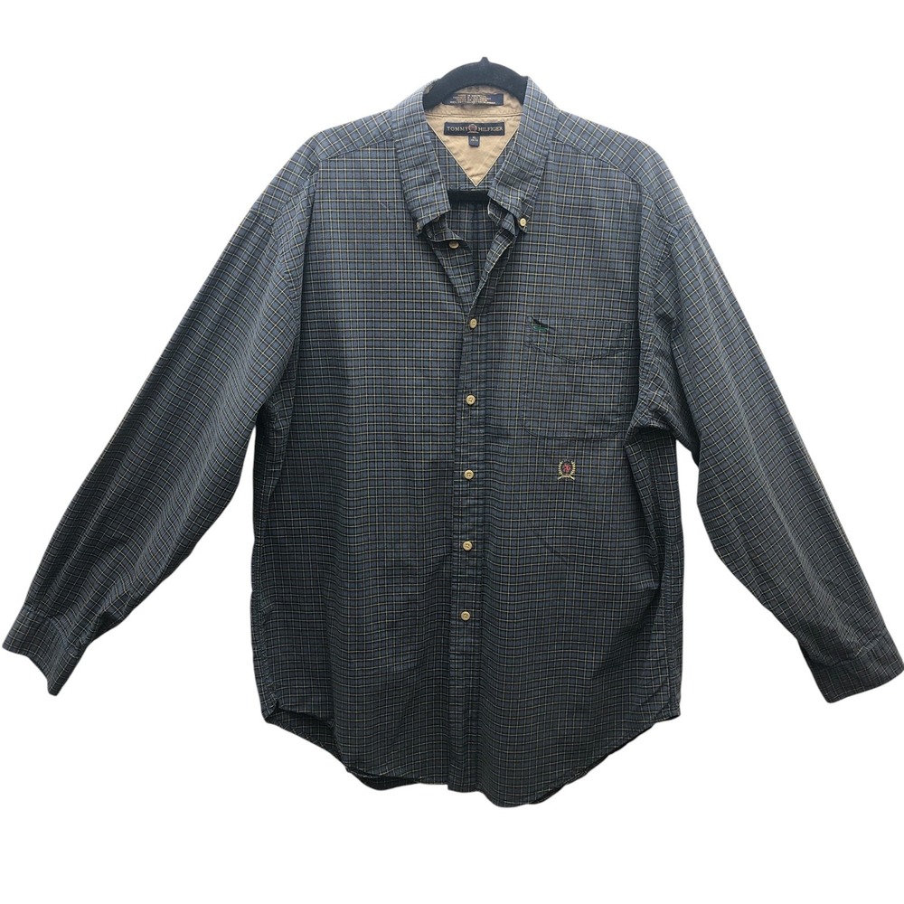 Tommy Hilfiger Shirt Mens XL Blue Yellow Plaid Button Down‎ Crest Pocket Classic